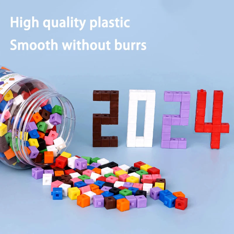 A collection of colorful plastic linking cubes in various colors and the numbers 2024 are displayed on a light blue backgroun