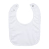 A white soft cotton baby bib with an adjustable snap closure and ear loops.