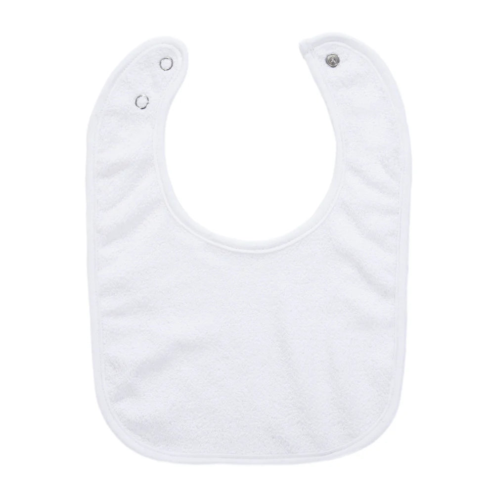A white soft cotton baby bib with an adjustable snap closure and ear loops.