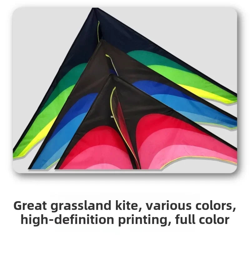A large delta kite with a 5m tail is shown in various bright colors, including green, blue, yellow, and red.