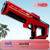 A red high-pressure electric water gun is shown, featuring a lithium battery and charging cable.