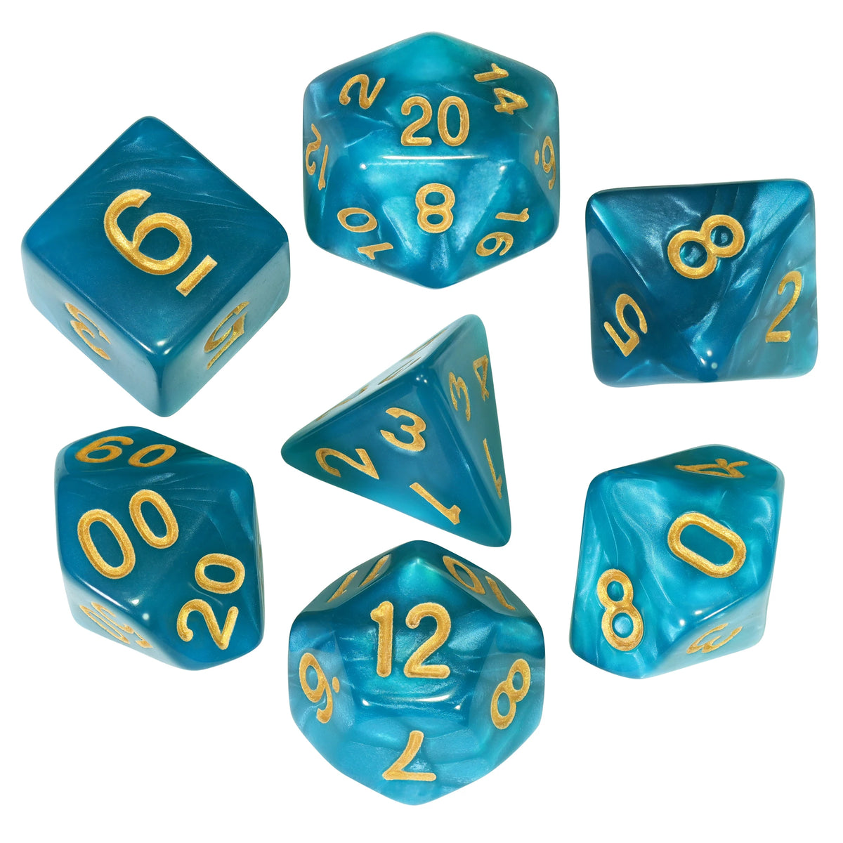 A set of seven blue marble effect polyhedral dice showing various numbers and angles.