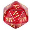 A red polyhedral dice set featuring Roman numerals on the faces.