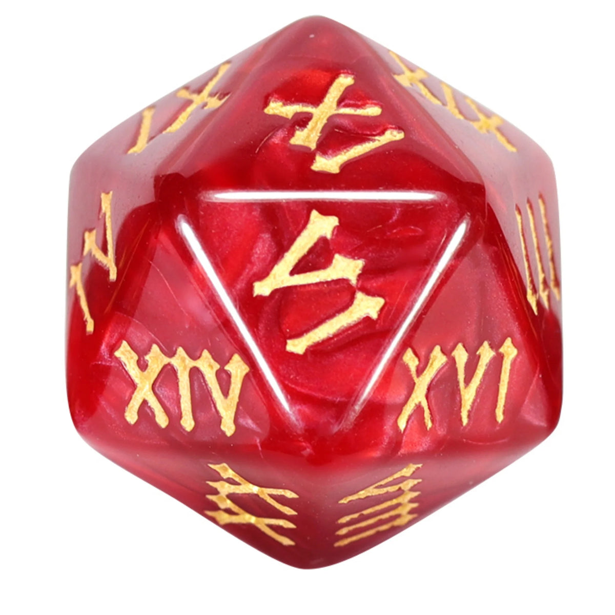 A red polyhedral dice set featuring Roman numerals on the faces.