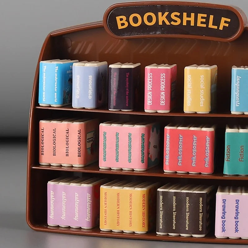 A brown wooden shelf holds miniature dollhouse furniture sets for bathroom, kitchen, and laundry playsets.