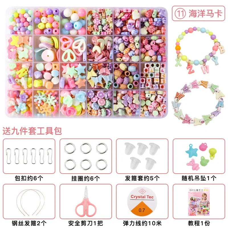Polymer clay bead jewelry making kit for kids including beads, tools, and instruction sheet