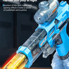 A blue automatic electric water gun with flashing lights is shown firing a stream of water.