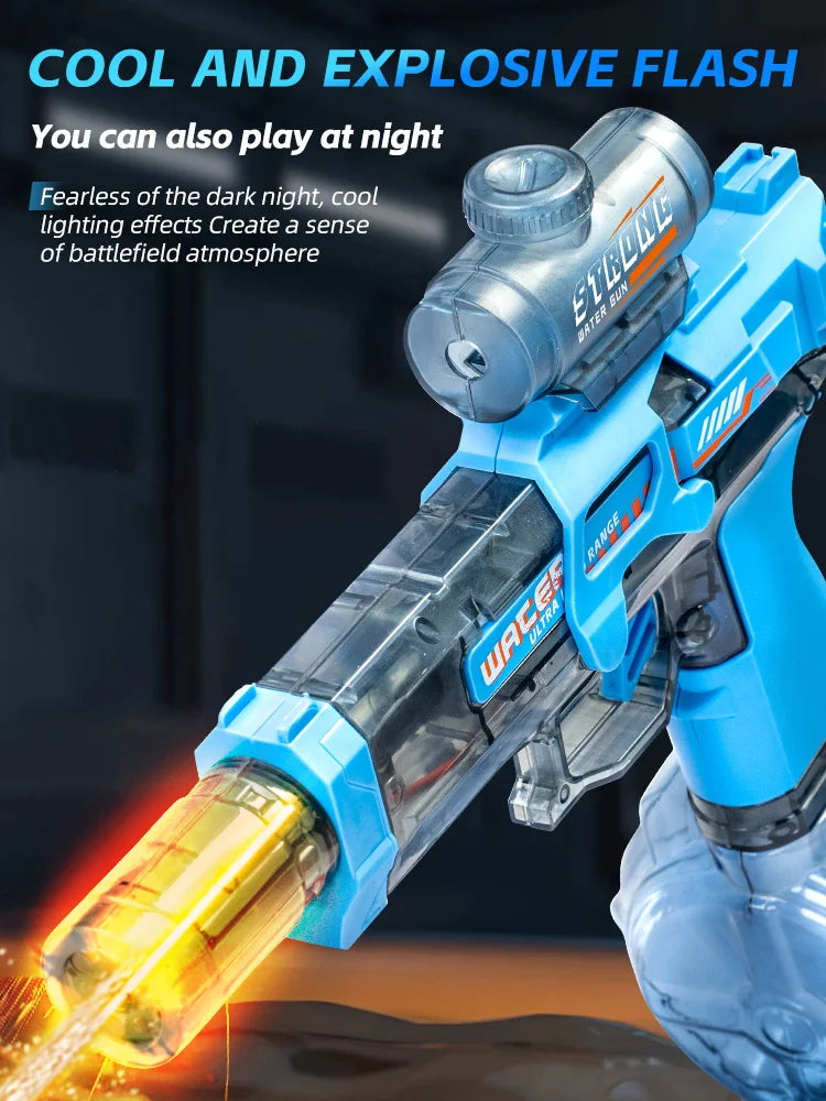 A blue automatic electric water gun with flashing lights is shown firing a stream of water.
