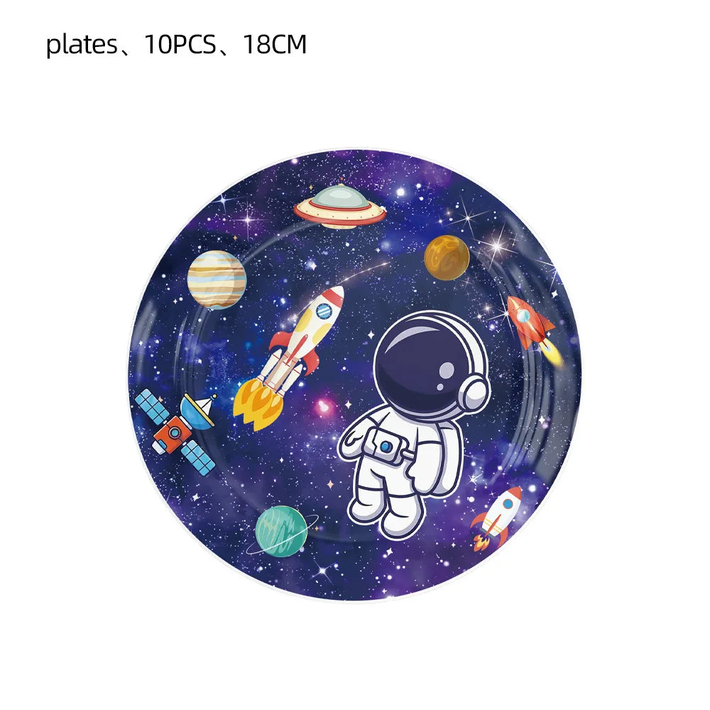 A plate featuring various outer space elements like planets, a rocket, and an astronaut.