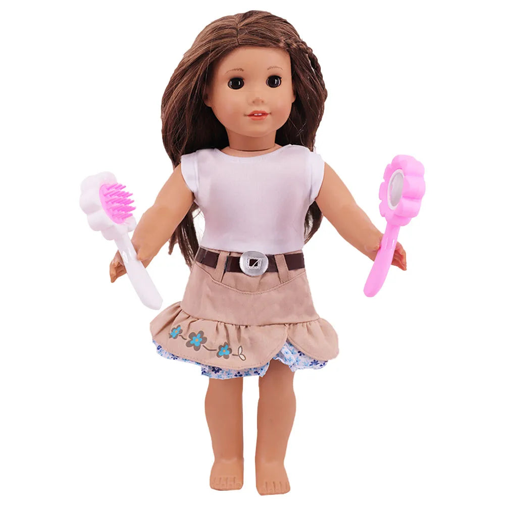 A doll with long brown hair is shown holding a pink hairbrush and a pink comb.