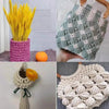 Handmade crochet granny square blanket in light green and white with yellow accents