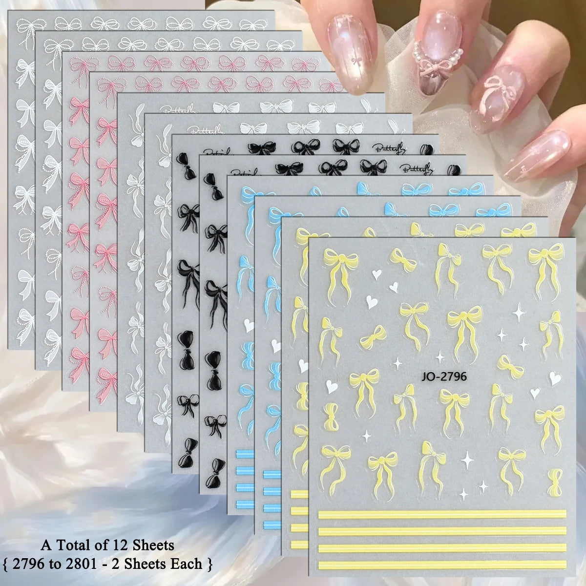 3D Bow Nail Stickers with Ribbon, Heart & Stripe Designs