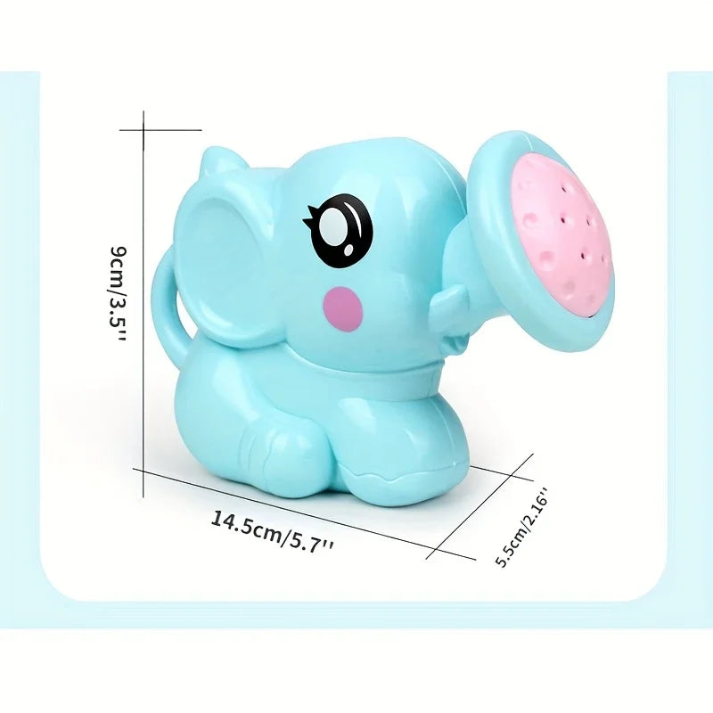 Light blue elephant bath toy with a pink watering can attachment for kids