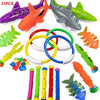 A collection of colorful diving toys including a purple shark, orange fish, and various diving shapes for pool games.