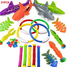 A collection of colorful diving toys including a purple shark, orange fish, and various diving shapes for pool games.