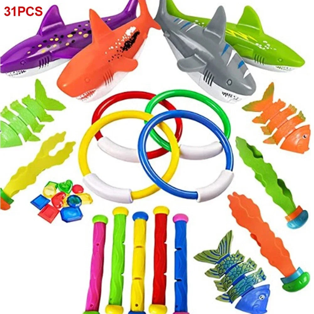 A collection of colorful diving toys including a purple shark, orange fish, and various diving shapes for pool games.