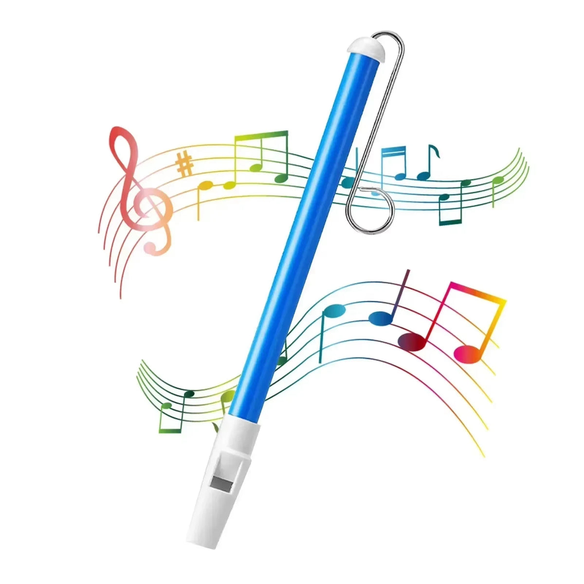 A blue slide whistle musical toy with a silver clip and musical notes flowing around it.