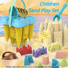 A children's sand play set featuring a yellow castle bucket, various sand molds and tools in purple, pink, and green colors.