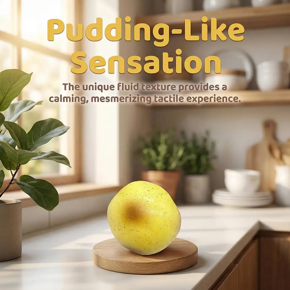 A yellow, smooth, pudding-like squishy toy rests on a wooden surface in a bright indoor setting.
