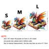 Three wooden dragon puzzles labeled S, M, and L showing different sizes of the puzzle cut from wood.