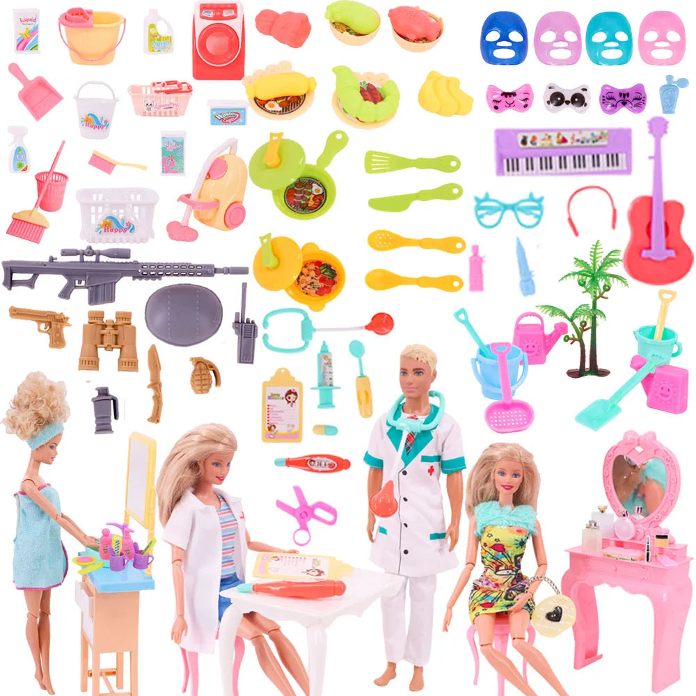 A collection of mini dollhouse cleaning and medical accessories for dolls, including tools, bandages, and instruments.