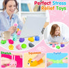 A collection of squishy fidget toys in various colors and shapes, including a pink bunny, yellow duck, and blue elephant.
