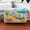 A rectangular jigsaw puzzle featuring a yellow excavator and a child in the cab set against a colorful landscape.
