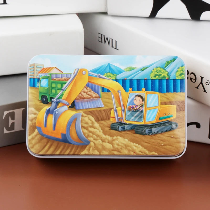 A rectangular jigsaw puzzle featuring a yellow excavator and a child in the cab set against a colorful landscape.