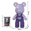 A purple Kawaii bear figure made of micro building blocks, shown with its dimensions.
