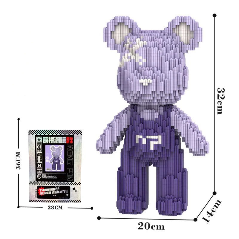 A purple Kawaii bear figure made of micro building blocks, shown with its dimensions.