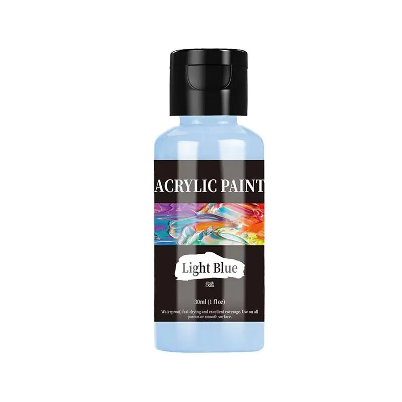 A bottle of Light Blue acrylic paint with a black cap and label.