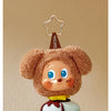 A cute, fluffy brown bear-like character with large blue eyes is shown wearing a golden star earbud case cover.