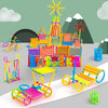 A colorful display of creative DIY stick building blocks and structures, including a large tower and various smaller componen