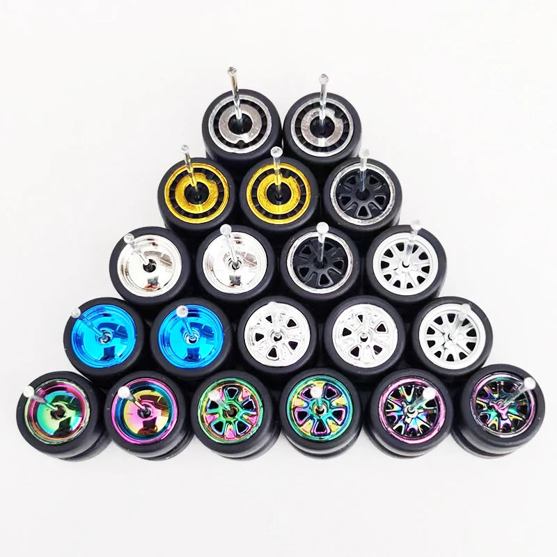 1/64 Scale Alloy Car Wheels with Rubber Tires - 10 Sets