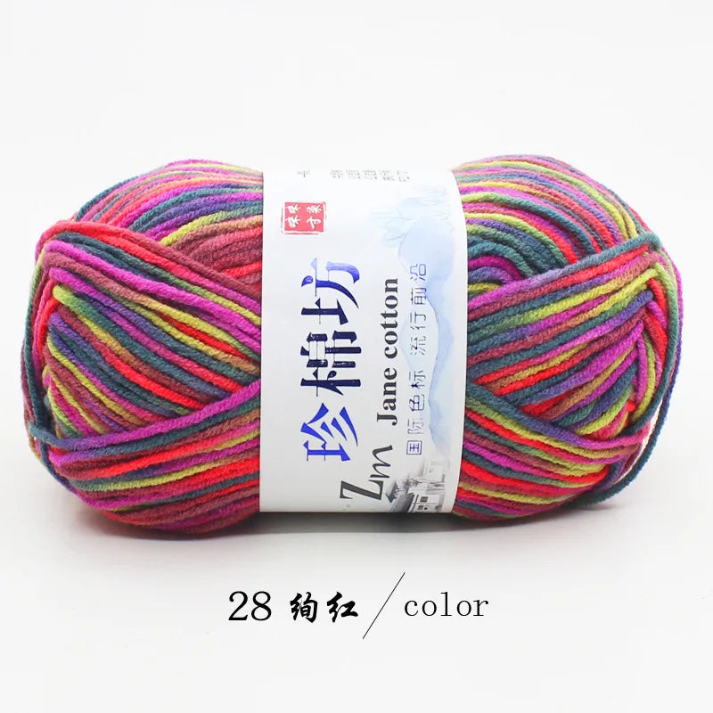 A ball of multi-colored yarn, featuring pink, green, blue, and yellow threads, is shown against a white background.