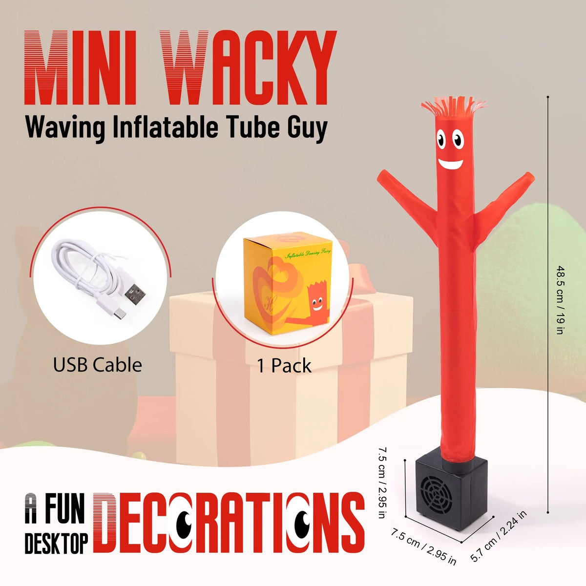 A red waving inflatable tube guy with a blower and USB cable for desk decorations