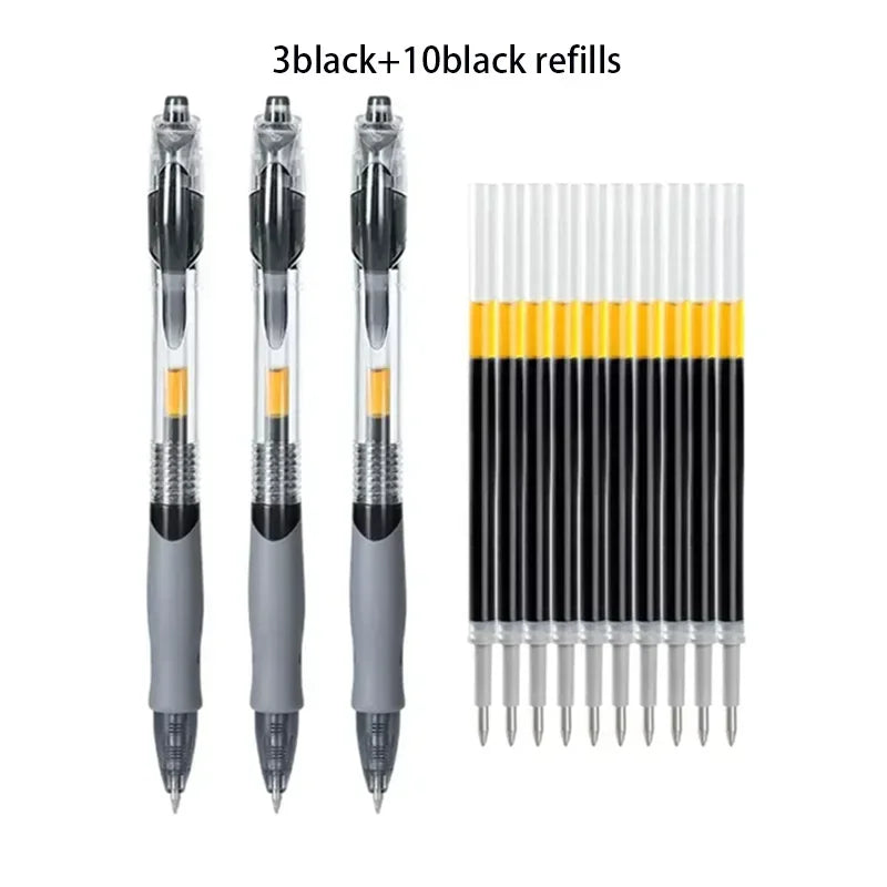 A set of black and ten black refills for retractable gel pens.