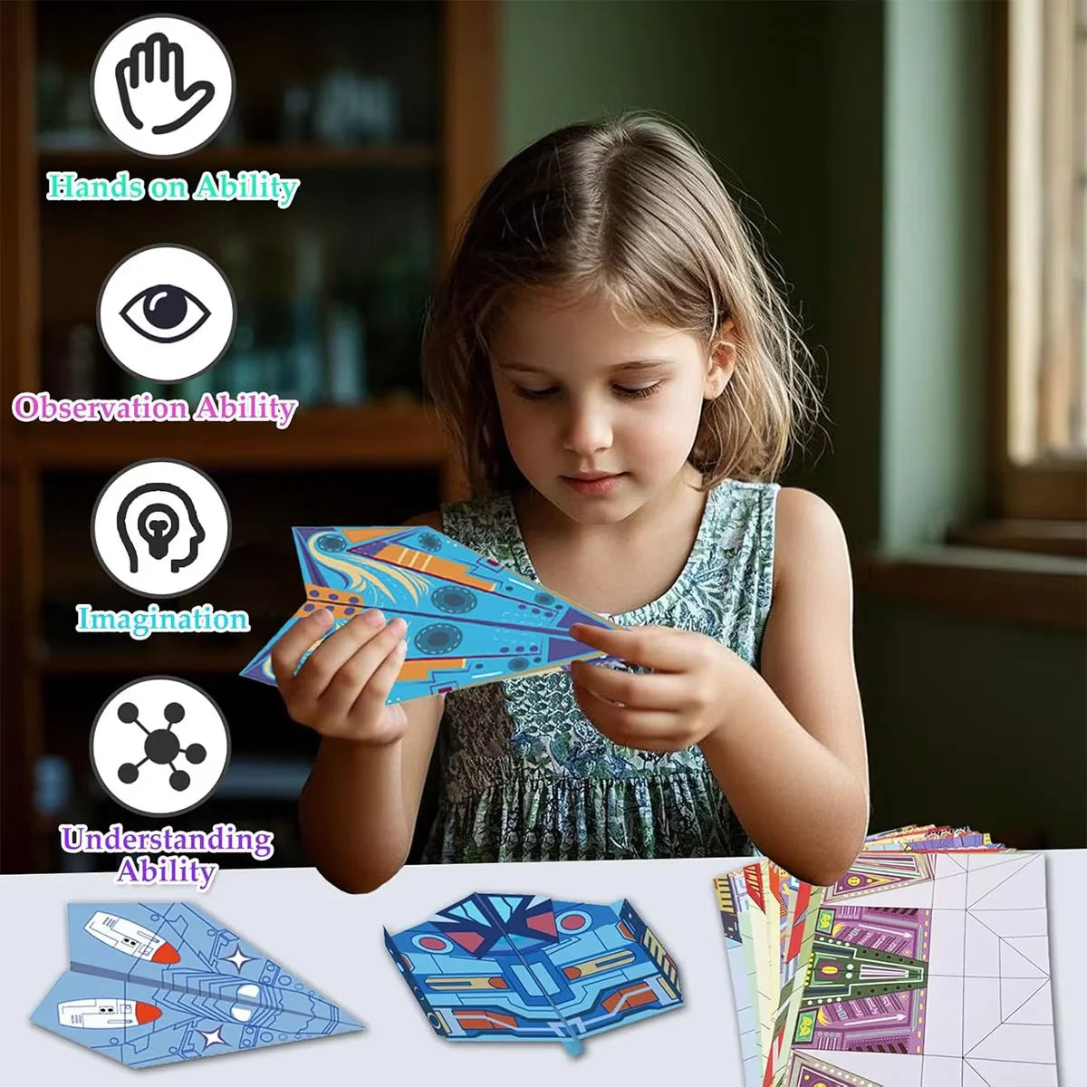 A set of origami paper airplane kits featuring various designs for kids, displayed next to icons representing hands on abilit