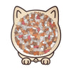 A wooden jigsaw puzzle featuring many small, colorful cats arranged in a circular pattern.