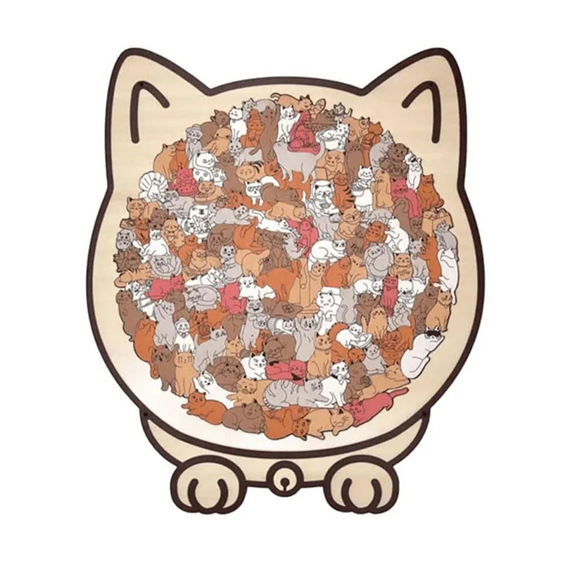 A wooden jigsaw puzzle featuring many small, colorful cats arranged in a circular pattern.