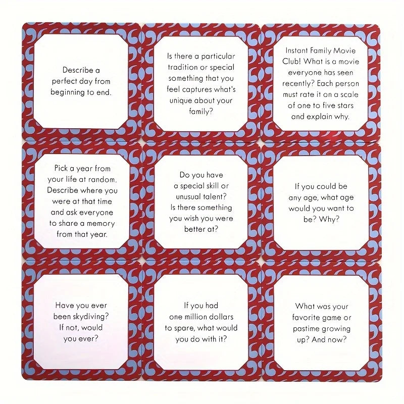A grid of red and blue cards featuring family conversation starter prompts for gatherings