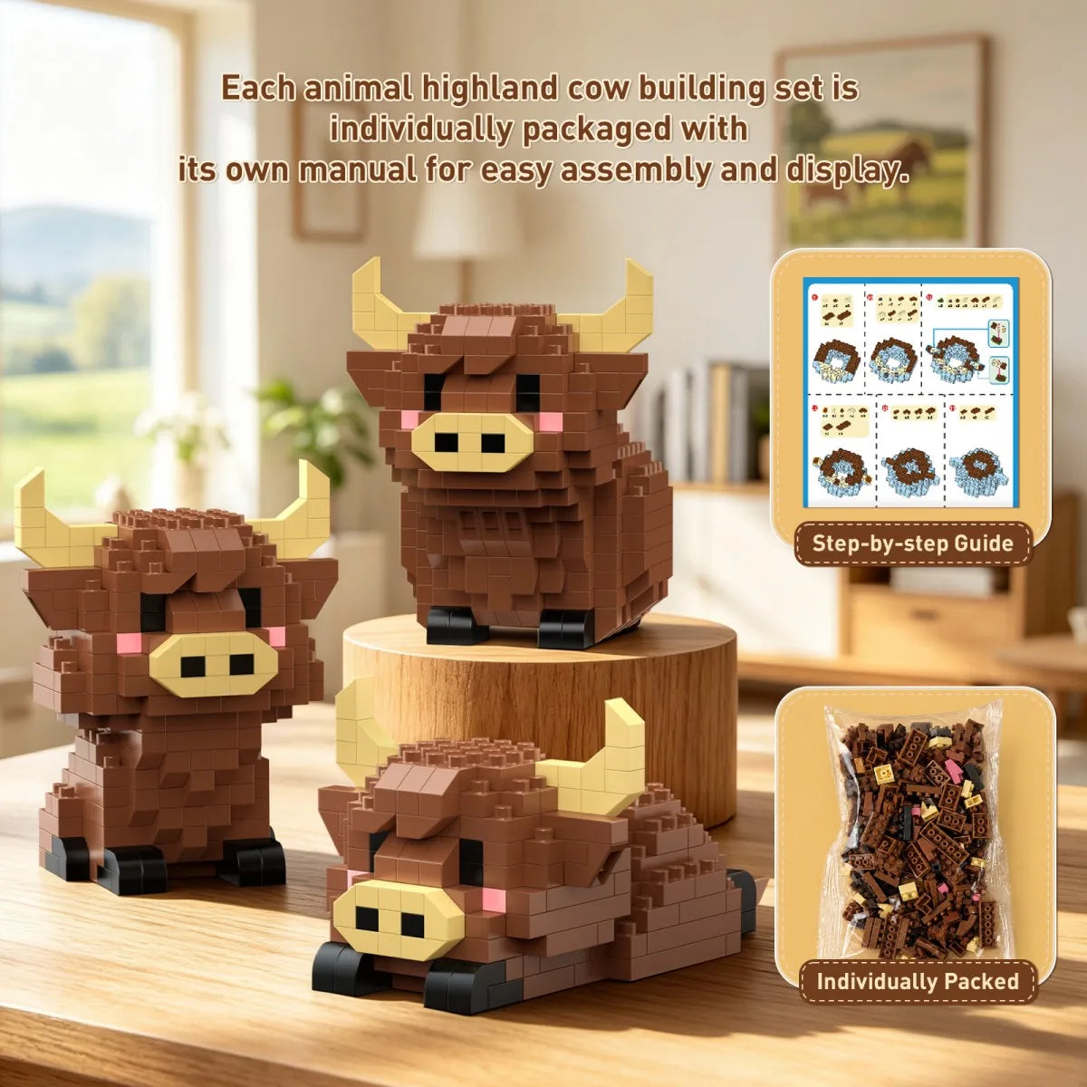 Highland Cow Mini Building Blocks Set - 3 in 1 Animal Model Kit