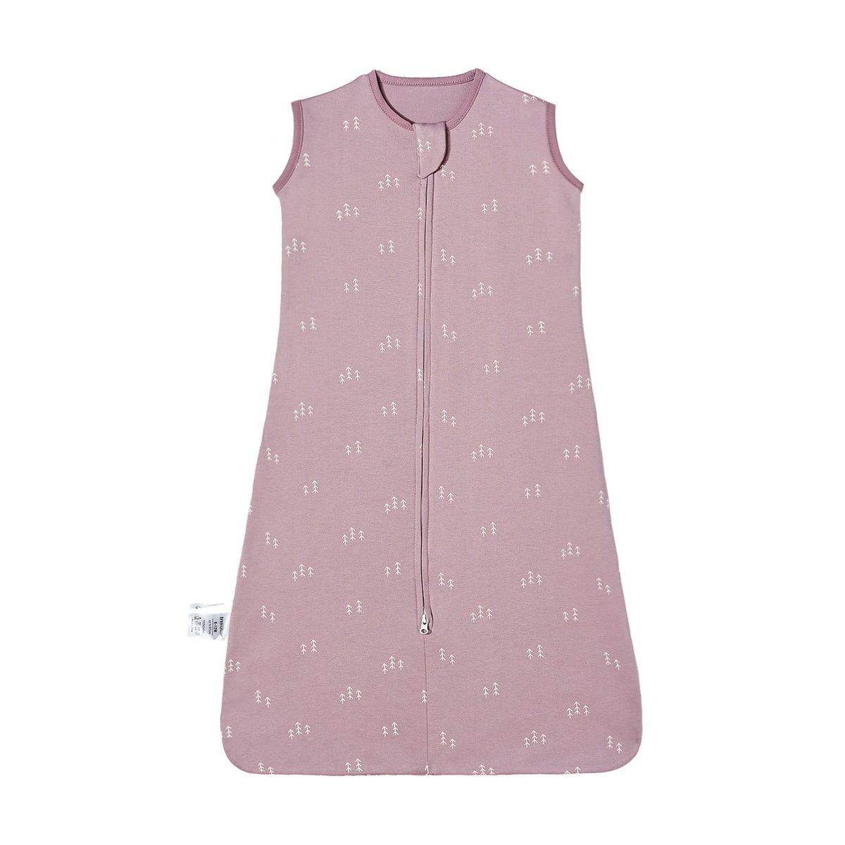 A sleeveless cotton baby sleeping bag sack in a dusty pink color with a subtle white pattern.