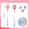 Pink beadable badge reels with retractable clips shown next to a measuring scale.