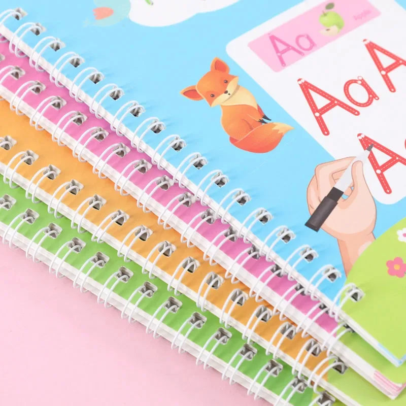 A close-up of a spiral notebook with colorful pages and a tracing activity featuring a fox character.
