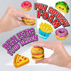A hand holds a realistic food design squishy toy, showing various foods like donuts and french fries.