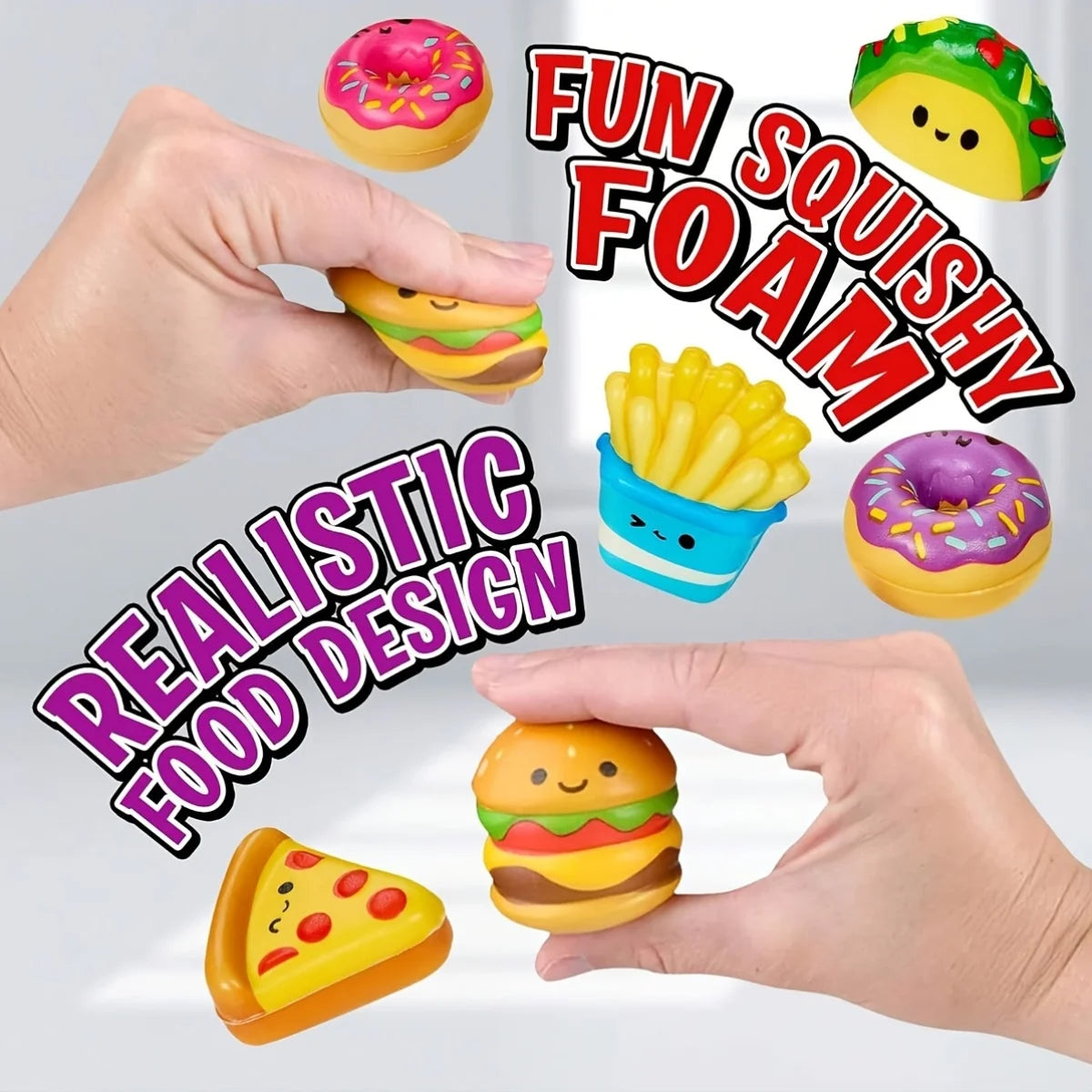 A hand holds a realistic food design squishy toy, showing various foods like donuts and french fries.