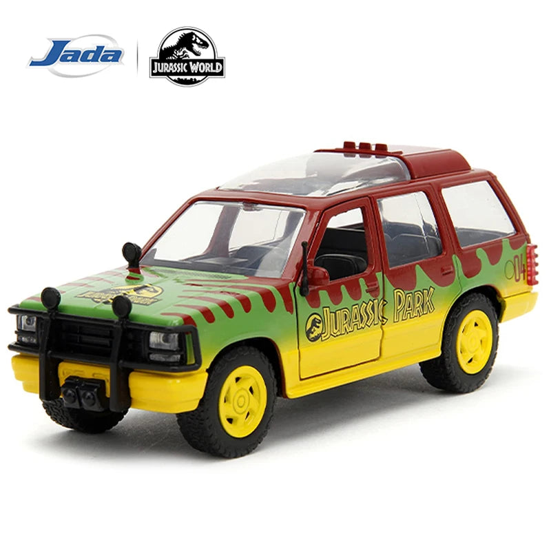 A diecast collectible model of a Jurassic Park themed Ford Explorer tour vehicle in green and yellow.
