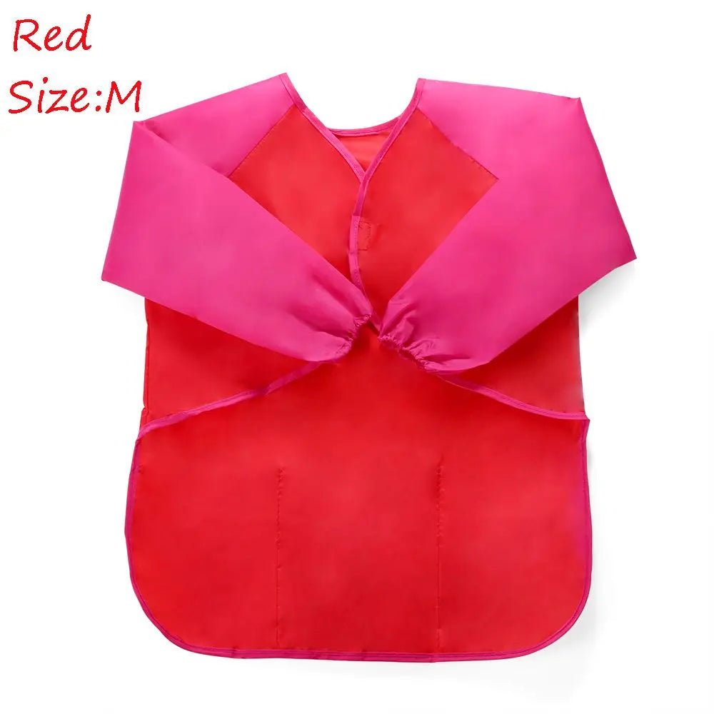 Red waterproof kids art and baking apron with long sleeves