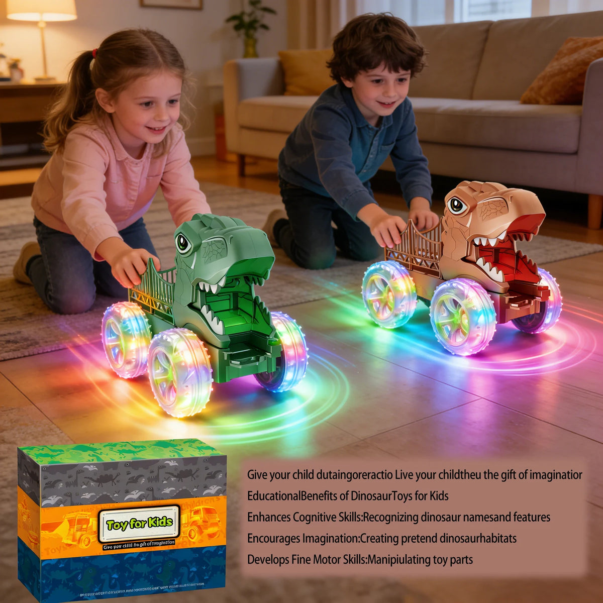 Dinosaur Monster Truck with Glowing LED Wheels – 2-Pack